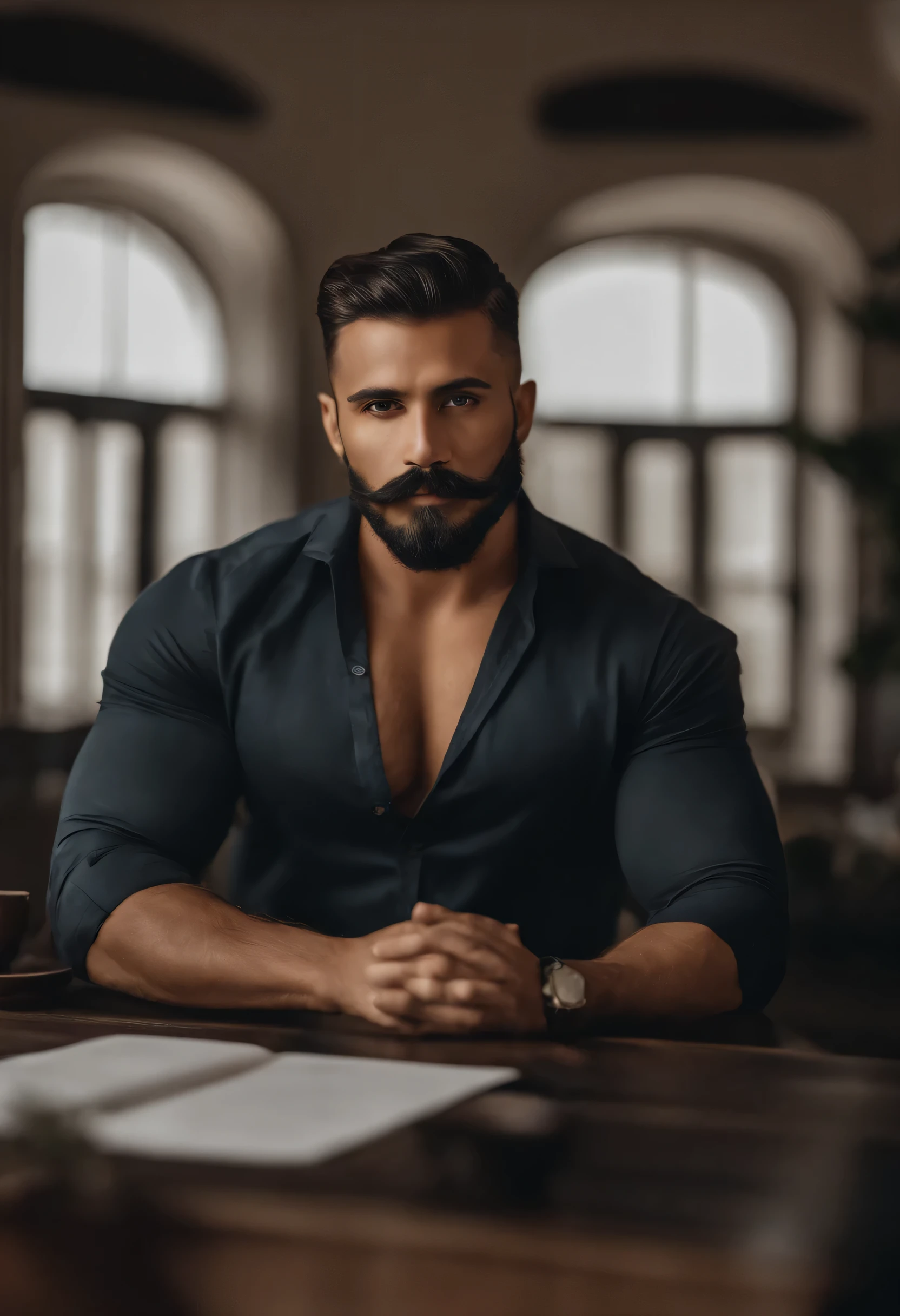 Homem africano musculoso com barba e bigode na camisa branca, Looking forward to better quality,4k,8k,homem muito atraente com barba, pelos faciais bem cuidados, FOFO, breath-taking, Realista, imagem ultrarrealista, Bigode Natural, macho velho,foto retrato suave 8 k, retrato muito detalhado, bigode grosso, estilo hiper-realista, barba fina e brilhante, pelos faciais curtos, Bartstoppeln, FOFO, rosto detalhado, retrato ultra realista, cabelos grisalhos,terno elegante, boca aberta,