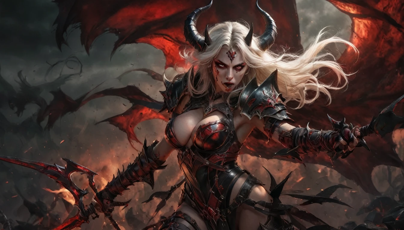Illustrate a stunning movie poster for an epic fantasy trailer featuring Callizto, a night elf demon hunter. She is depicted with a fierce expression,White long hair, Black demon horns, red demon wings, her green eyes piercing through the darkness. large breast:1.8, cleavage, temptation, seduction, eat your soul, seduction, She wears a sexy ornate, Black and red leather armor with a demonic influence, holding two blazing swords crossed in front of her. The backdrop is a war-torn battlefield under a blood-red sky, with demonic creatures emerging from the shadows. Highlight her as the central figure with a dark, magical glow surrounding her.