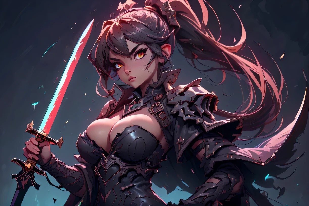 (best quality), (8K resolution),detailed, woman, game dress, demonic outfit, ((big breast), long ponytail hair, Accessories, (vector), Upper body view, Branding a sword, dark flames