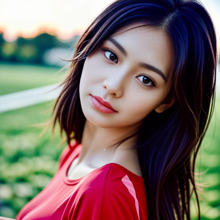 (8ก, best quality:1.2), (Masterpiece:1.37), (Close-up face focus photo, 1 woman, Look straight.,The face is bright and clear., araffed asian woman in red shirt and black shorts with luggage, Wear a volleyball shirt., red shirt, Open V-chest shirt, red sports clothes, wearing a swimsuit, wear red dress, Wear a two-piece swimsuit., Hot with sunlight, beautiful south korean women, Wear a tight shirt., Gorgeous Korean young woman in red shirt, big breasts, Tight skin, long hair.,hair blowing in the wind,The evening sun shone brightly and was surreally beautiful..