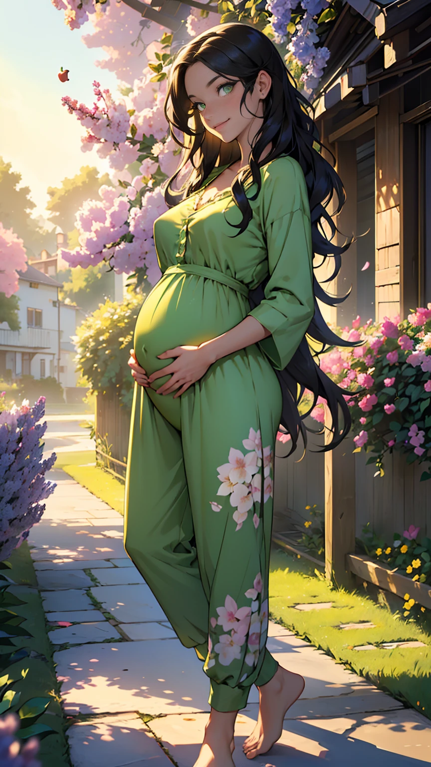 ((masterpiece, Best quality, a high resolution, ultra detailed),(Beautiful and aesthetically pleasing:1.2), detailed eyes and face, whole body, 1 woman, adult, (black long wavy hair), ((green eyes)), female body, Beautiful body, perfect body, flirtatious smile, ardent look, soft color maternity jumpsuit with print, bare feet, A walk in the garden, flower garden, evening, golden hour, many colors, apple trees bloom, Lilacs are blooming, pregnancy, small belly