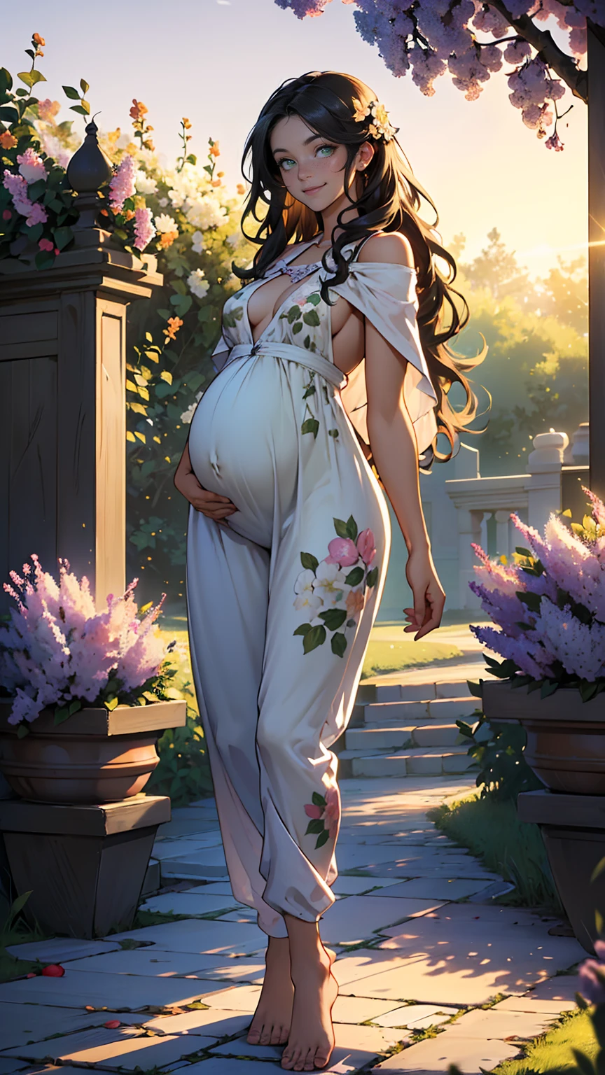 ((masterpiece, Best quality, a high resolution, ultra detailed),(Beautiful and aesthetically pleasing:1.2), detailed eyes and face, whole body, 1 woman, adult, (black long wavy hair), ((green eyes)), female body, Beautiful body, perfect body, flirtatious smile, ardent look, soft color maternity jumpsuit with print, bare feet, A walk in the garden, flower garden, evening, golden hour, many colors, apple trees bloom, Lilacs are blooming, pregnancy, small belly