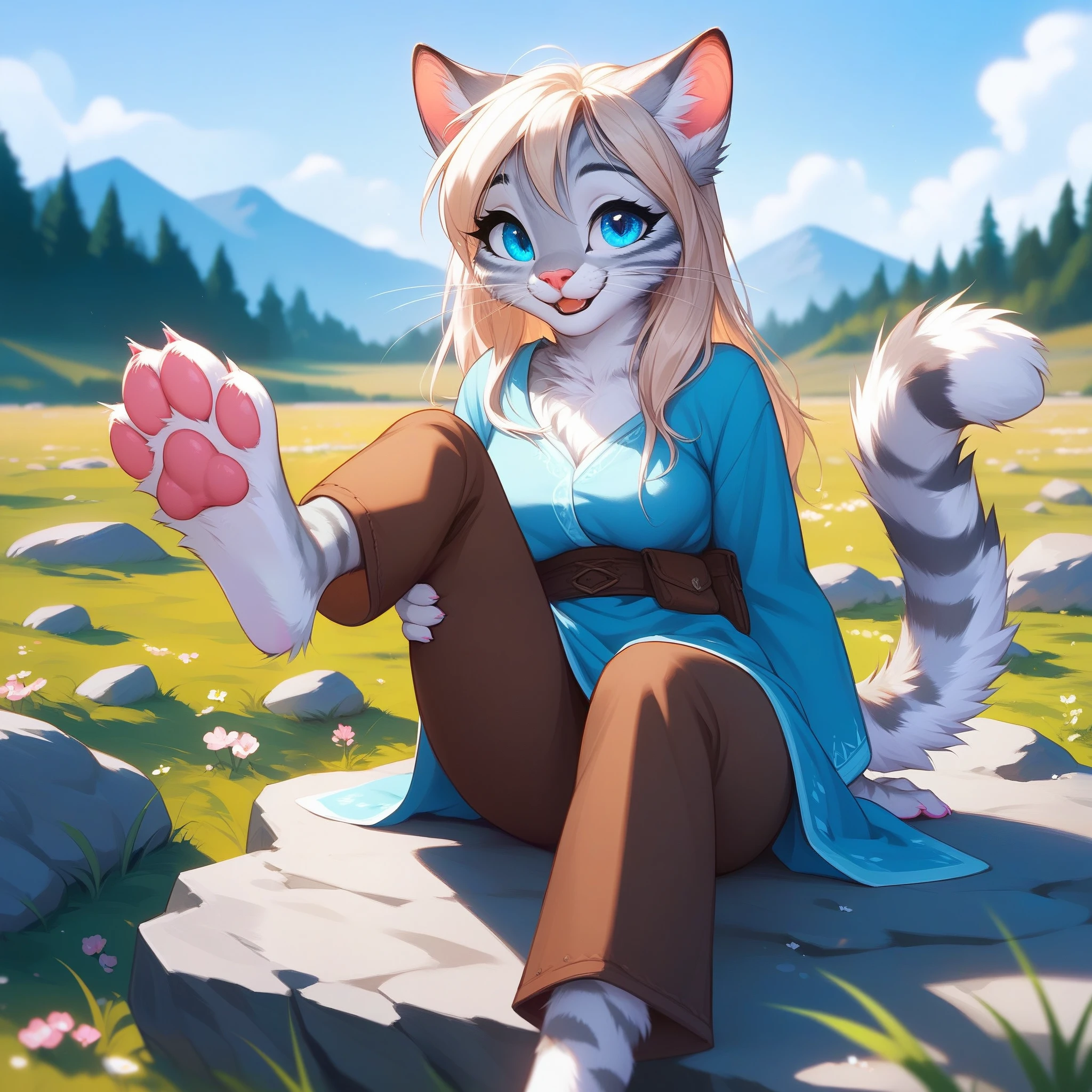 Solo, score_9,score_8_up,score_7_up, source_furry, Kat, Anthro furry feline girl, tall body, hourglass figure, adult female, blue eyes, silver fur, blonde hair with pony tail, (striped tail), white whiskers, pink nose, wearing simple blue long sleeve tunic, light brown fitted pants, barefoot, feet paws, 4 toes, pink paw pads, foot focus, she is smiling, mouth open, looking relieved, eyes half closed, sitting on a rock, outdoors, sunny day, she’s looking at her feet, lifting a leg