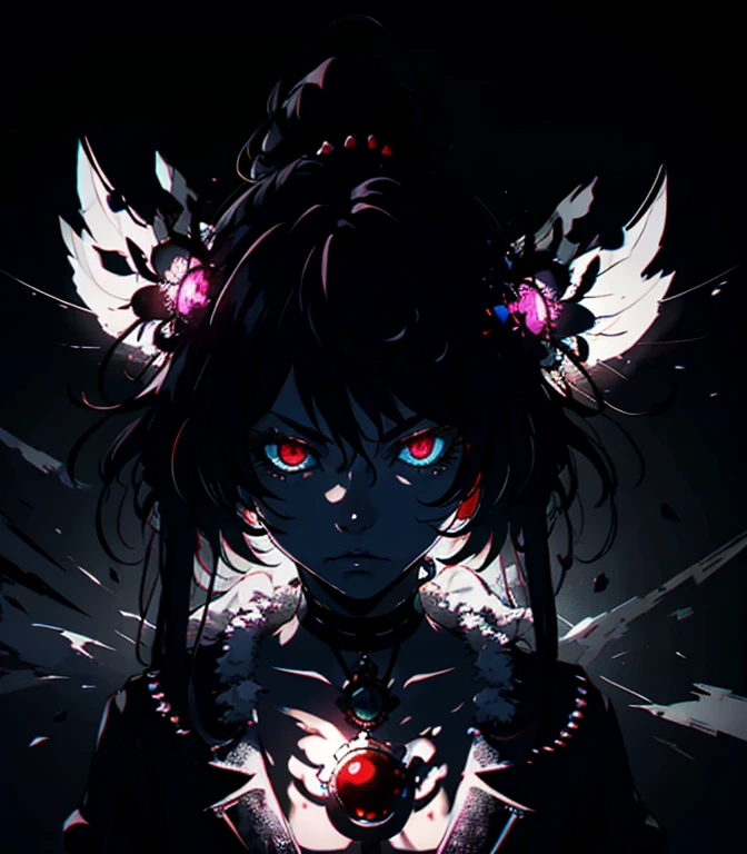 Goth girl 1girl, solo, long hair, looking at viewer, red eyes, jewelry, necklace, makeup, lipstick, black background, portrait, glowing eyes, by vergvoktre, dramatic fluorescent , gritty, intense, distorted face, nightmare fluorescent, intricate details, hyperdetailed, cinematic, dark shot, film grainy, soothing tones, muted colors, technicolor BREAK outdoors, twilight, raytracing BREAK d4rk4rt artstyle, monochrome fluorescent, greyscale, avant-garde style