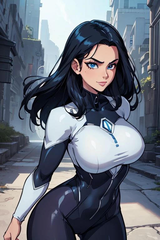 (work of art, Best quality, absurd, 4K, aesthetics, perfect eyes, perfect face, detailed, intricate, Perfect Lighting) 1 girl with fair skin, long dark hair, wears a futuristic dark blue and white bodysuit, heroine, queen of an alien race, warrior, gentle smile, strong, muscular,