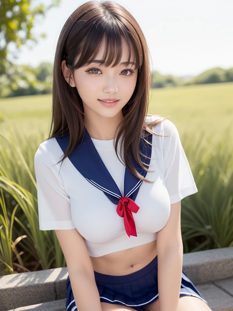 (highest quality:1.5)、(Realistic:1.5)、(1 person:1.5)、Very detailed、High resolution、8k、 very very large round breasts、Natural color lips、Cute Smile、Japanese women、20-year-old girl、Beautiful and elegant face、Perfect and beautiful face、Balanced big eyes、Brunette eyes、Beautiful and elegant face、Natural double eyelids、Natural Bangs、Beautiful thin nose、Beautiful Skin、(Medium Bob Hair)、Natural Bangs、Perfect and beautiful face、Slim face and figure、Look at the viewers、Serafuku 、School Sailor Uniform、White short-sleeved translucent blouse shirt, navy pleated micro miniskirt、Knee-high socks、red sailor knot scarf、 Beautiful navel、Open the navel、Wearing a school sailor uniform that shows her navel、her red underwear is exposed 、High-angle composition、(Staring at the camera with a sweet smile)、Bright lighting、Professional Lighting、Forward lighting、Beautiful feet:1.2、Smooth Skin、Slim Body、Slim waistline、slim thin thighs、Sit on the ground、Lavender Fields、Lavender blooming hill、