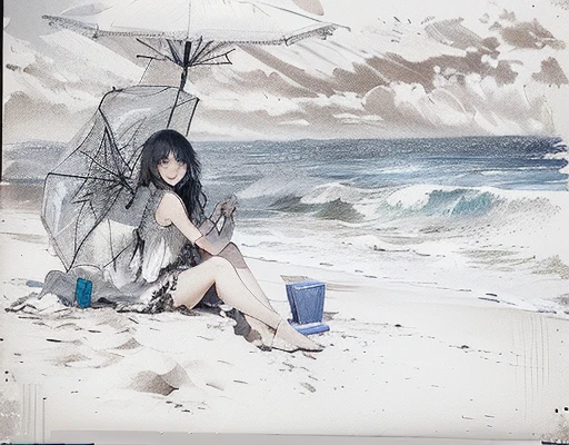 drawing of a girl sitting on the beach with an umbrella, at a beach, at the beach, sitting at the beach, in the beach, sitting on the beach, on a beach, at the seaside, fan art, fine art sketch, a sketch, artist sketch, beach scene, by Maki Haku, blurred and dreamy illustration, concept art sketch, on beach