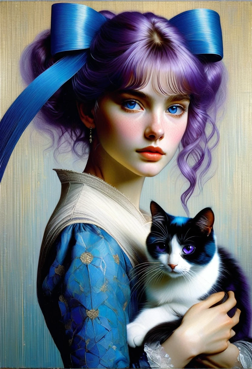 young frederica bernkastel with cat, bangs, blue bow, blue hair, blunt bangs, bow, breast hold, cat tail, crossed arms, dress, long hair, long sleeves, purple eyes ((style of Casey-Baugh)), ((perfect detail)), Renaissance, pin-dot art,((oil painting knife)), rainessanse older gradient, Complex details, intricate, aesthetics, ((best quality, Masterpiece)),
((Highest detail), Octane rendering, 8K