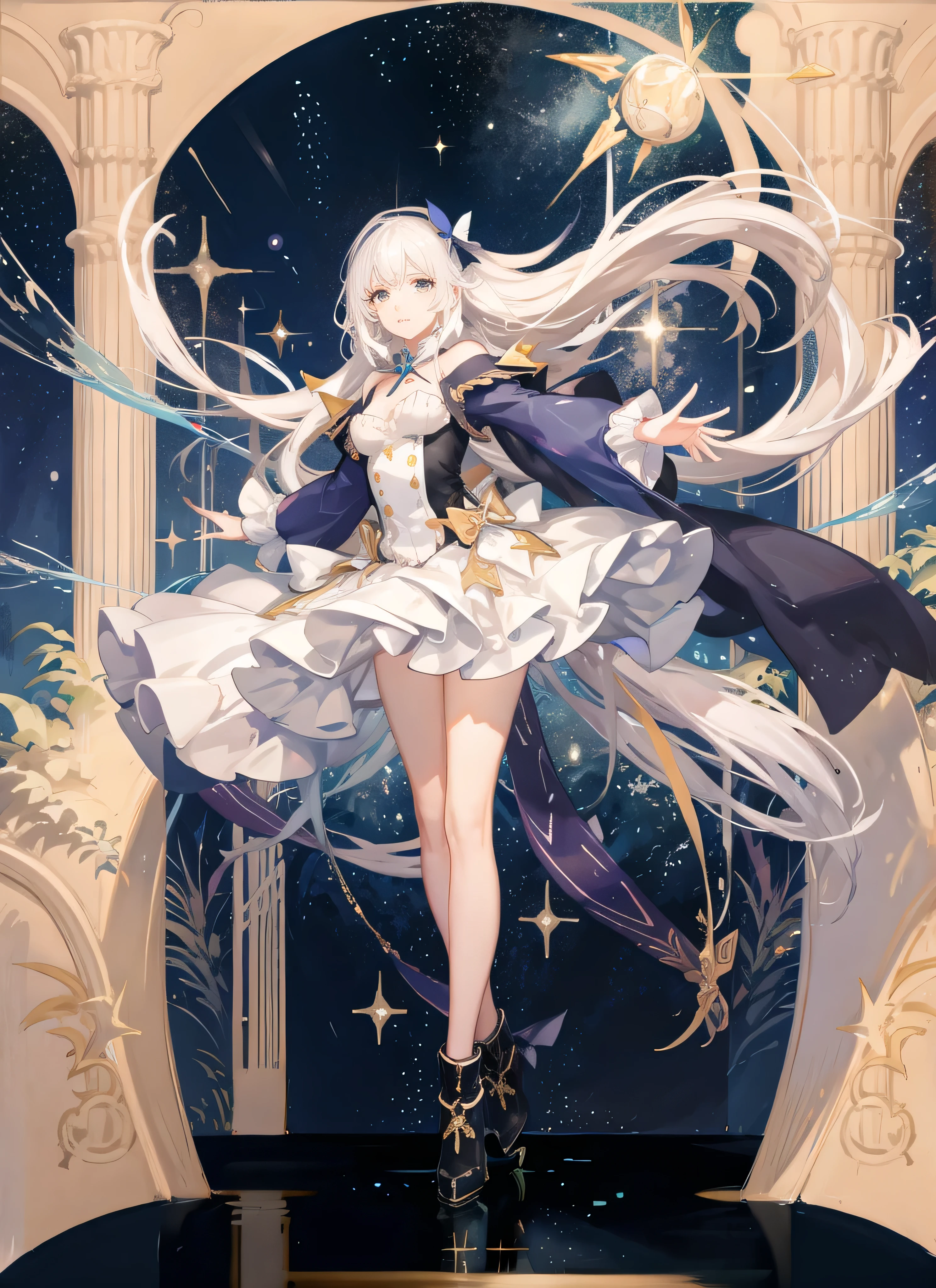 ((magical girl)), ((gorgeous starry sky background)), ((ultra-detailed)), ((best illustration)), ((cinematic lighting)), dynamic angle, floating, finely detailed, (glitter:1.2), (sparkle:1.2), (shine:1.2), classic, (painting:1.1), (sketch:1.1), (best quality), (masterpiece:1.2), (anime style), (solo), beautiful detailed face, (cute face:1.3), (big eyes:1.3), colorful hair, (long hair:1.2), (floating hair:1.2), (magical girl outfit), detailed outfit, (sparkling wand:1.3), (magical effects:1.3), (flowing skirt:1.2), (cute boots:1.1), (transparent fabric:1.1), (twinkle:1.2), (glow:1.2), (radiance:1.2), (flicker:1.2), (dazzle:1.2)