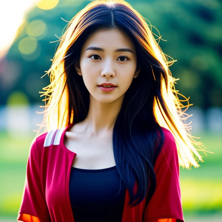 (8ก, best quality:1.2), (Close-up, 1 woman, Look straight.,The face is bright and clear., araffed asian woman in red shirt and black shorts with luggage, Wear a volleyball shirt., red shirt, Open V-chest shirt, red sports clothes, wearing a swimsuit, wear red dress, Wear a two-piece swimsuit., Hot with sunlight, beautiful south korean women, Wear a tight shirt., Gorgeous Korean young woman in red shirt, big breasts, Tight skin, long hair.,hair blowing in the wind,The evening sun shone brightly and was surreally beautiful..