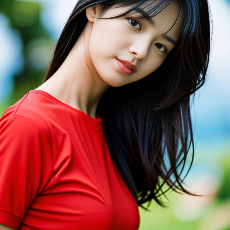 (8ก, best quality:1.2), (Close-up, 1 woman, Look straight.,The face is bright and clear., araffed asian woman in red shirt and black shorts with luggage, Wear a volleyball shirt., red shirt, Open V-chest shirt, red sports clothes, wearing a swimsuit, wear red dress, Wear a two-piece swimsuit., Hot with sunlight, beautiful south korean women, Wear a tight shirt., Gorgeous Korean young woman in red shirt, big breasts, Tight skin, long hair.,hair blowing in the wind,The evening sun shone brightly and was surreally beautiful..