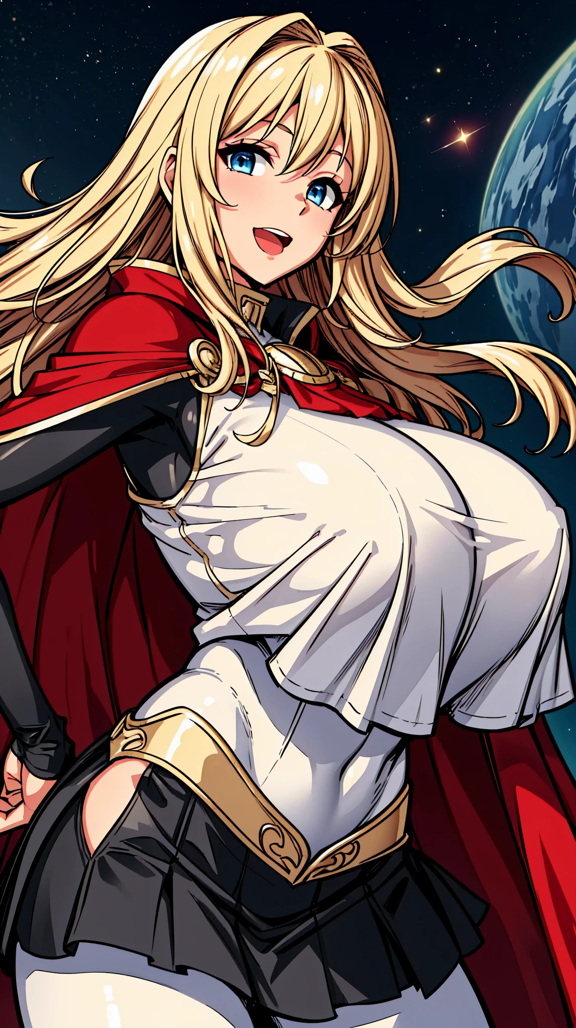 masterpiece, highest quality, Top quality, blue eyes, Stunning proportions, smile, Realistic, Beautiful female, white and dark red (((intricate bodysuit))), armpit, (((tight body))), ((mini skirt with frill)), cape, fighting pose, gold Hair, Intricate details, ((((sagging massive Breasts)))), open mouth, blush, in space at future, sparking stars,
