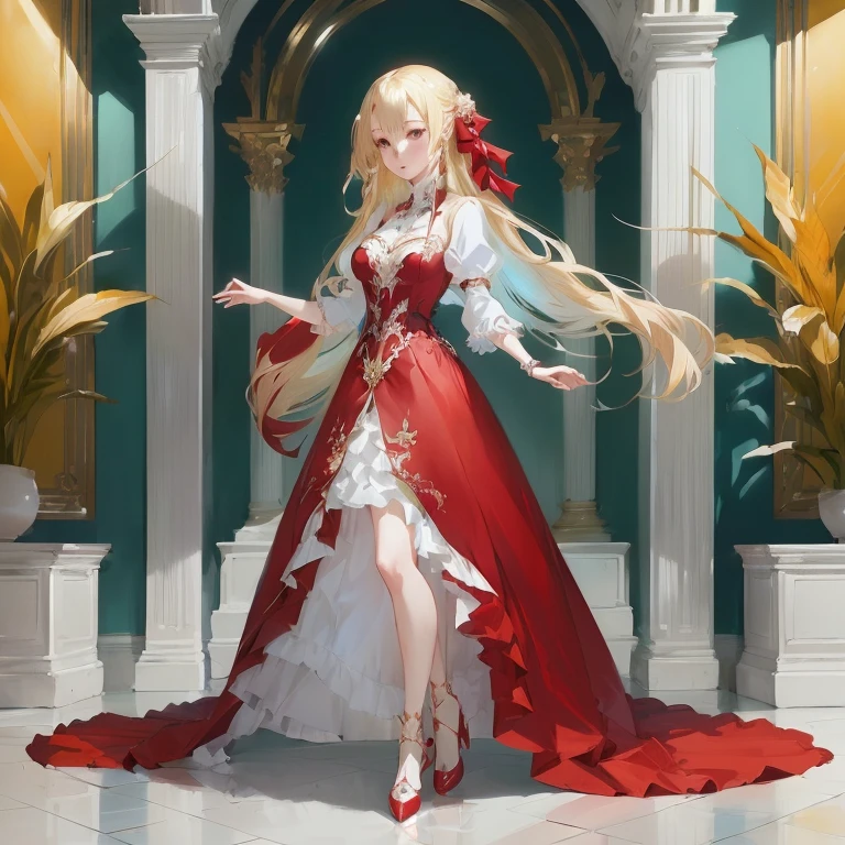 anime girl in red and white dress standing in a room, cushart krenz key art feminine, cute anime waifu in a nice dress, in dress, royal elegant pose, blonde anime girl with long hair, guweiz on pixiv artstation, trending on artstation pixiv, blonde - haired princess, anime key visual of elegant
