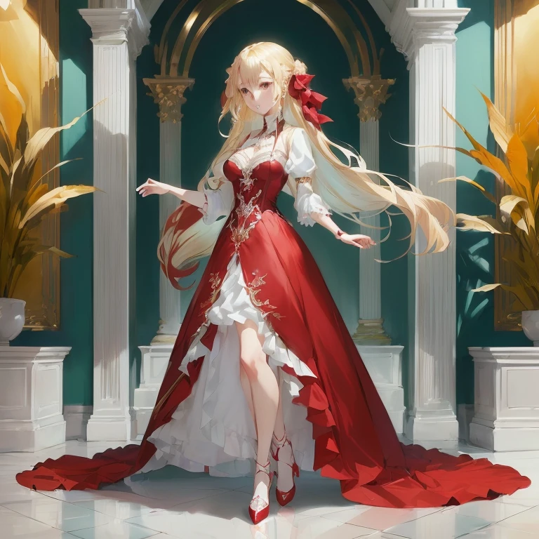 anime girl in red and white dress standing in a room, cushart krenz key art feminine, cute anime waifu in a nice dress,  in dress, royal elegant pose, blonde anime girl with long hair, guweiz on pixiv artstation, trending on artstation pixiv, blonde - haired princess, anime key visual of elegant