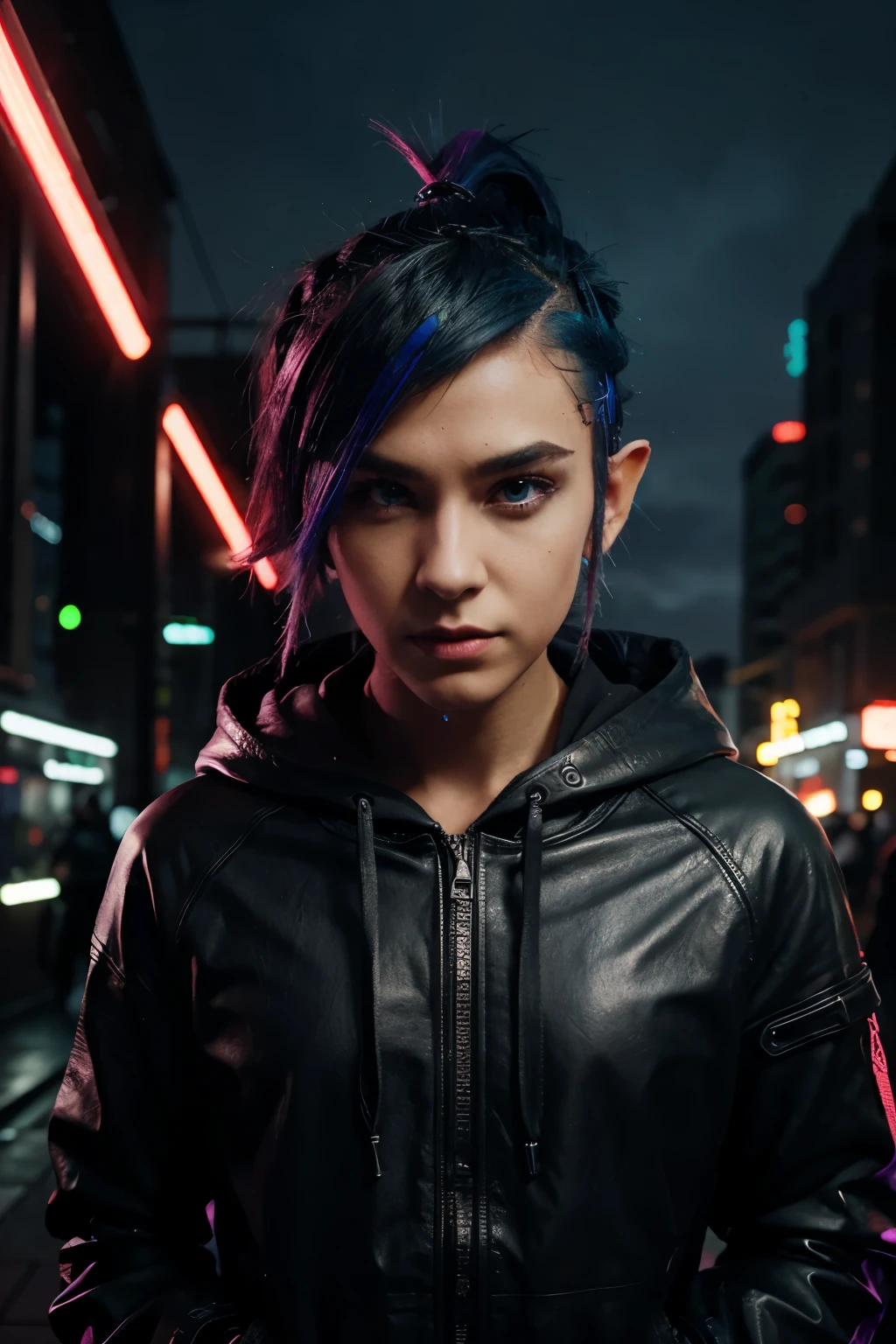 CyberpunkAI, neon, 1boy, elf, neon hair, neon eyes, ponytail hairstyle, black leather jacket,sniper rifle and hood up