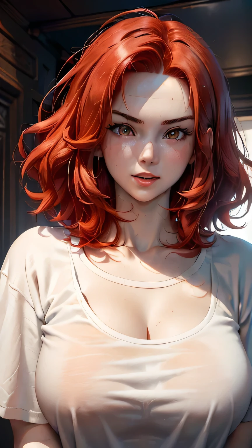 (masterpiece), best quality, 1female, 23 years old, she has short flowing light RED hair, hair straight, (short hair: 1.5), (red hair: 1.35), (messy hair), red eyebrows, (brown eyes: 1.35), (large breasts: 1.35), huge breasts, (thick thighs), wide hips, big chest, curvy girl, well shaped body, (white skin: 1.35), (((wearing sport clothing, black shorts and white baggy t-shirt))), (((plain t-shirt))), (loose t-shirt: 1.35), (living room, home, warm light background), (detailed background), 8k quality, wallpaper, high quality, Cinmatic lightning, happy, gentle face, expressive face, (detailed face), the face is well lit, (detailed eyes), beautiful eyes, (half-closed eyes), (grinning), big smile, (centered,scale to fit dimensions,Rule of thirds), highres,sharp focus,(ultra detailed,extremely detailed),(photorealistic artwork:1.37),(extremely detailed CG unity 8k wallpaper),(((vibrant colors,vibrant theme))), (white t-shirt: 1.35)