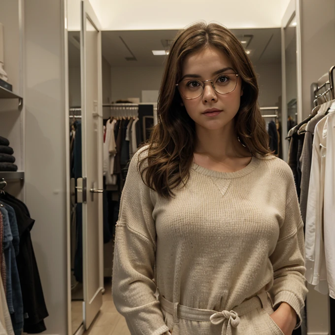 A young woman in her twenties is taking a selfie in a store's clothing fitting room. She combines the classic elegance of Jenna Coleman with the touch of determination of Resident Evil's Jill Valentine. Her brown hair falls in soft curls, framing a delicate face adorned with expressive, penetrating eyes. She wears slightly thick glasses that add an intellectual charm to her look. Her posture is confident, and her presence radiates a mixture of intelligence, courage, and grace. In the background, you can see the fitting room curtains and some hanging clothes, creating an environment typical of a clothing store.