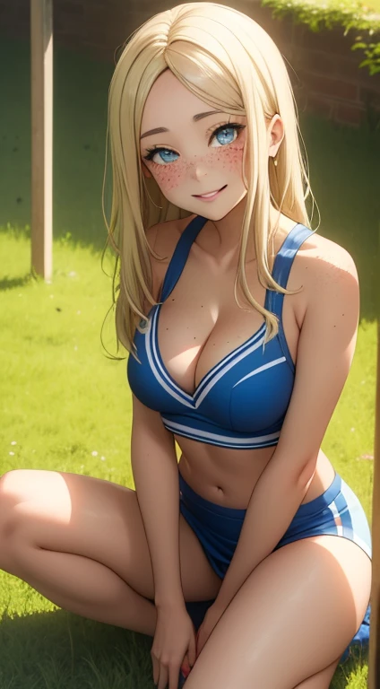 masterpiece, best quality, highly detailed, ultra high res, ayase arisa, 1girl, solo, blue eyes, hair ornament, blonde hair, long hair, looking at viewer, glossy lips, light smile, cheerleader, midriff, cleavage, grass, sitting, (knees bent), nice booty, freckles, cute, popular, makup, perfect smooth tan skin, perfect loucious hair