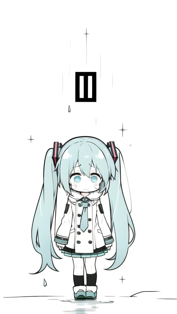 best quality, chibi, 1 girl, miku, Hatsune Miku, (full body), Pure white background,Vivid,clearly,sad face,rain,Walking,snow,Are crying