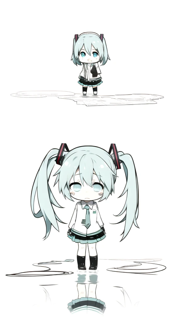 best quality, chibi, 1 girl, miku, Hatsune Miku, (full body), Pure white background,Vivid,clearly,sad face,rain,Walking,snow,Are crying