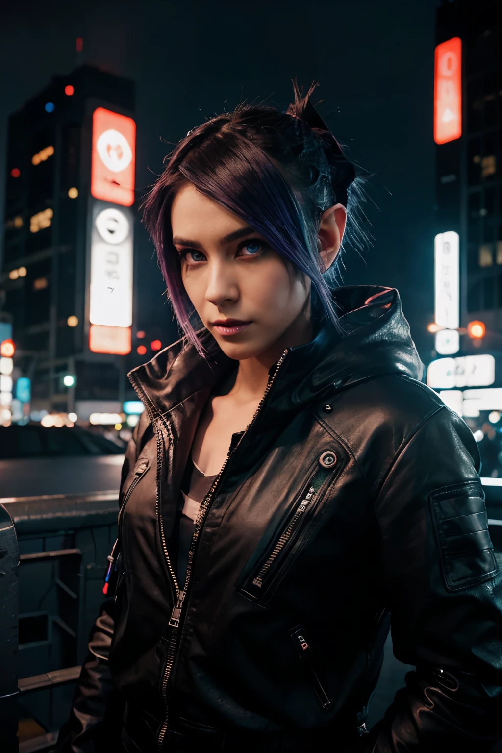 CyberpunkAI, neon, 1boy, elf, neon hair, neon eyes, ponytail hairstyle, black leather jacket,sniper rifle and hood up, girl