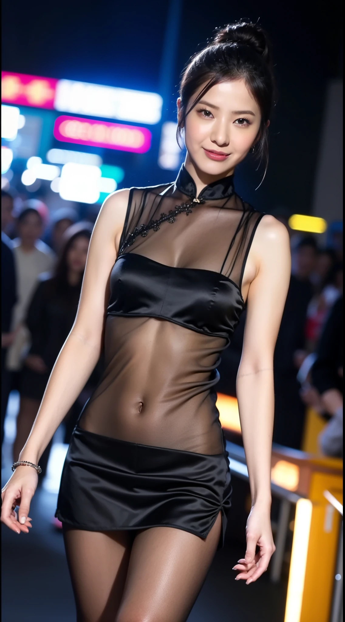Middle breasts exposed, bare shoulders, very detailed pink eyes, black one-piece stockings, super short black shorts, very detailed face, thin legs, best quality, masterpiece, very detailed, super detailed, (realistic, photorealistic: 1.3), smile, (facing forward), looking at the audience, black bra, black hair, sunny, outdoors, 1girl