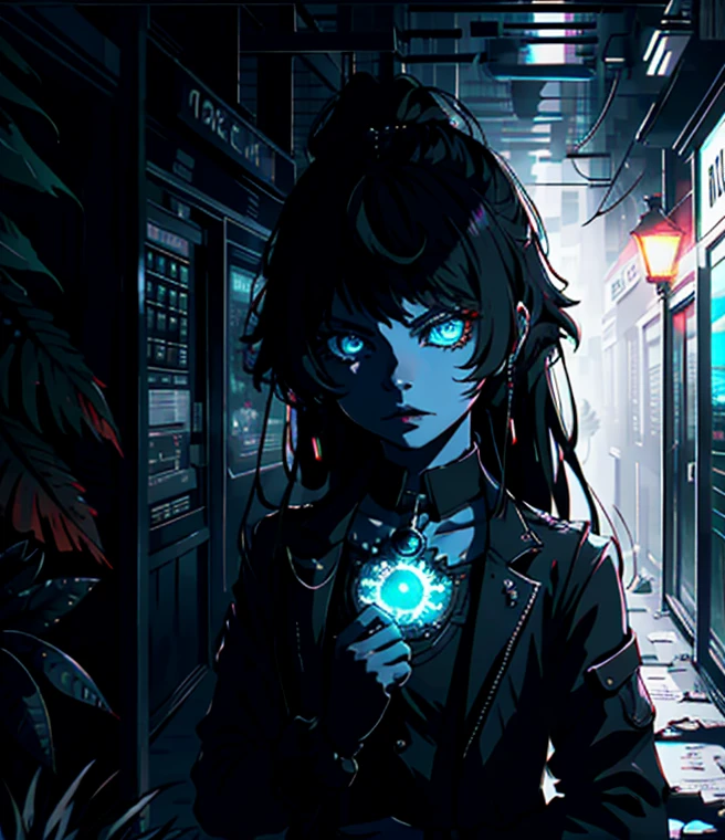 Gothic girl 1 girl, Single, long hair, Looking at the viewer, beautiful eyes , jewelry, necklace, makeup, lipstick, black background, painting, Glowing eyes, By vergvoktre , Dramatic fluorescence , Brave, Intense, His face is a beautiful fluorescent nightmare, Complex details, Excessive detail, Cinematic, Dark shot, Grainy film, Soothing tones, Muted colours, Technicolor outdoor lounge, twilight, Ray tracing break d4rk4rt artstyle, Monochrome fluorescent, Grayscale, Avant-garde style
