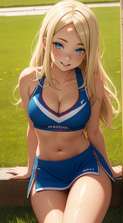 masterpiece, best quality, highly detailed, ultra high res, ayase arisa, 1girl, solo, blue eyes, hair ornament, blonde hair, long hair, looking at viewer, glossy lips, light smile, cheerleader, midriff, cleavage, grass, sitting, (knees bent), nice booty, freckles, cute, popular, makup, perfect smooth tan skin, perfect loucious hair, beautiful, sexy