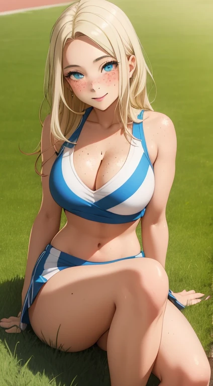 masterpiece, best quality, highly detailed, ultra high res, ayase arisa, 1girl, solo, blue eyes, hair ornament, blonde hair, long hair, looking at viewer, glossy lips, light smile, cheerleader, midriff, cleavage, grass, sitting, (knees bent), nice booty, freckles, cute, popular, makup, perfect smooth tan skin, perfect loucious hair, beautiful, sexy