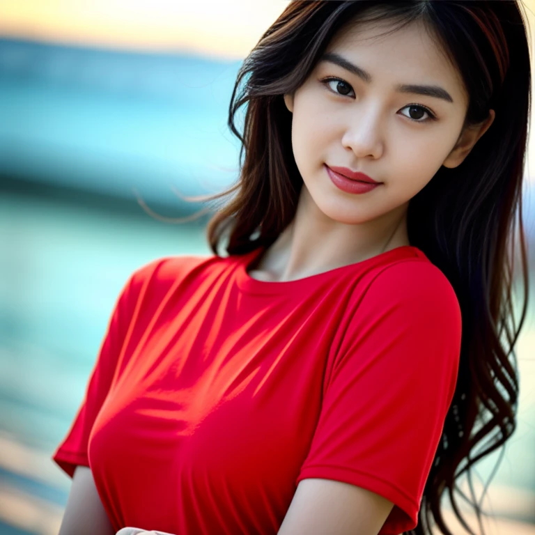 (Close-up, 1 woman, Look straight.,The face is bright and clear., araffed asian woman in red shirt and black shorts with luggage, Wear a volleyball shirt., red shirt, Open V-chest shirt, red sports clothes, wearing a swimsuit, wear red dress, Wear a two-piece swimsuit., Hot with sunlight, beautiful south korean women, Wear a tight shirt., Gorgeous Korean young woman in red shirt, big breasts, Tight skin, long ponytail.,hair blowing in the wind,The evening sun shone brightly and was surreally beautiful..