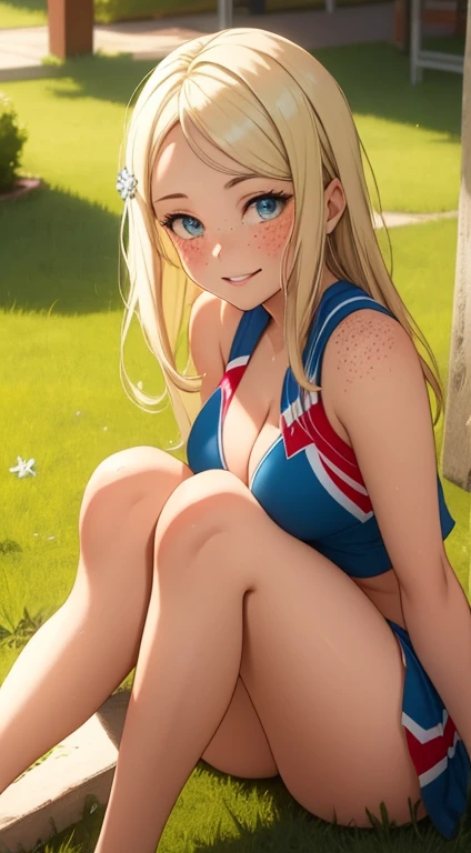 masterpiece, best quality, highly detailed, ultra high res, ayase arisa, 1girl, solo, blue eyes, hair ornament, blonde hair, long hair, looking at viewer, glossy lips, light smile, cheerleader, midriff, cleavage, grass, sitting, (knees bent), nice booty, freckles, cute, popular, makup, perfect smooth tan skin, perfect loucious hair, beautiful, sexy