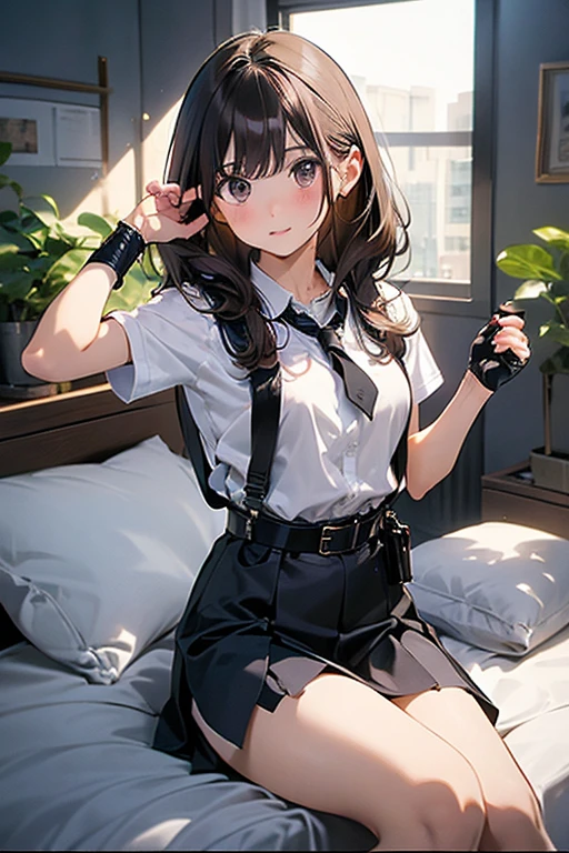 masterpiece、flat-colors、depth of fields、lens flare 1 girl、、Brown hair、watching at viewers black suspenders Bulging big breasts walls: Black miniskirt garters Gaze Small face bangss holster Belt Armament Beautuful Women srestrained hands up Lying in bed Leg holster lying on the bed