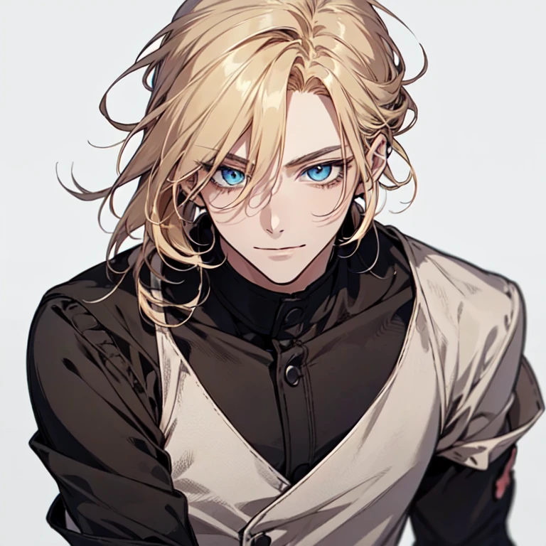 Anime character of a best quality, 4k, handsome boy, teenager, bright blonde hair, side part hairstyle, ultra detailed beautiful eyes, blue eyes, gentle expression, gentle smile, magic, simple white background, full body appeareance.