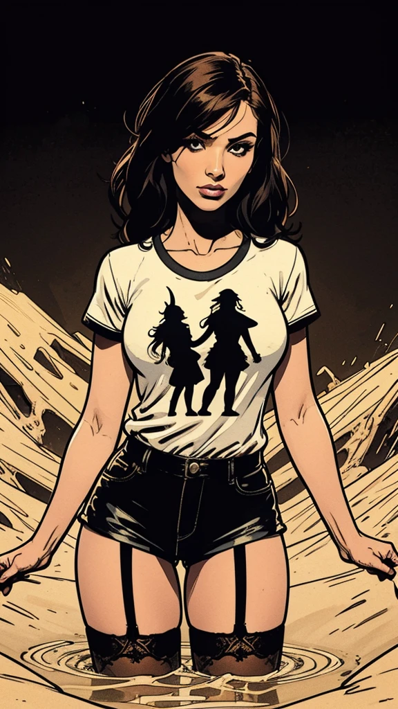 masterpiece, silhouette art:1.5, minimalistic:1.4, sensation:1.2, abstract background:1.2,attention-grabbing:1.2, horny, depraved pleasure, feminine facial features, t-shirt, posing while sinking, in abstract quicksand:1.3, stockings with garters, shorts,