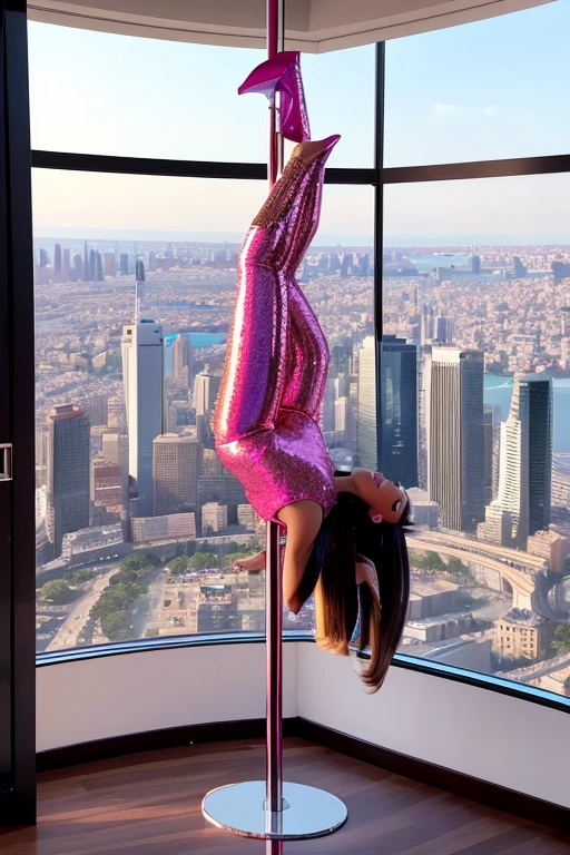 A glamorous and sensual Barbie, adorned in a sequined bodysuit and stilettos, gracefully performing a pole routine in a luxurious penthouse suite with a panoramic city view.