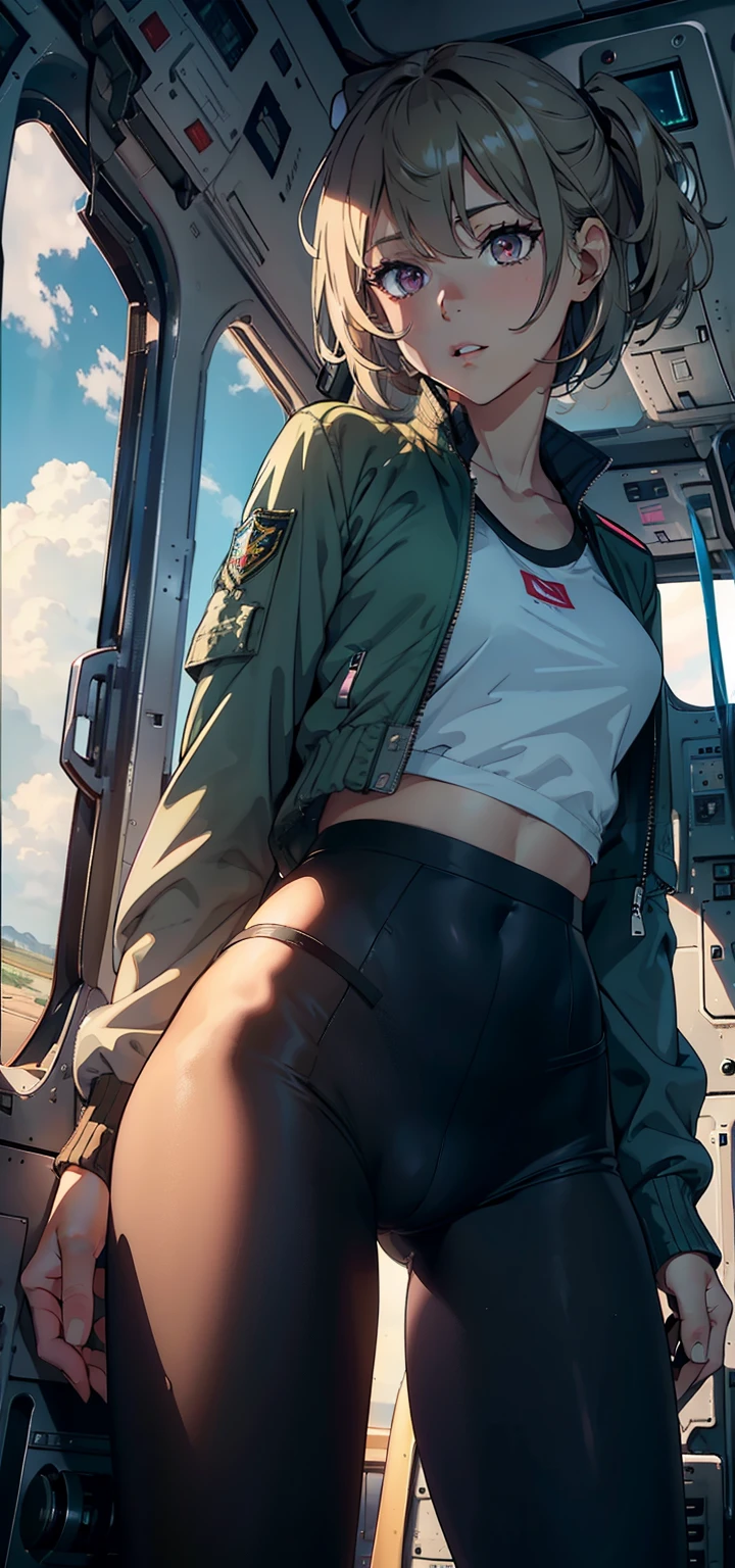 1female，SMAIL，Bigchest，Pornographic exposure， solo，（Background with：The plane is in flight，Planes，inside of a cabin，） She has short BLONDE BLACK hair，bobo head，Stand in the pilot's seat of the aircraft，seen from the front， hair straight， mostly cloudy sky，（（（tmasterpiece），（Very detailed CG unity 8K wallpaper），best qualtiy，cinmatic lighting，detailed back ground，beatiful DETAILED PINK eyes，Bright pupils，（Very fine and beautiful），（Beautiful and detailed eye description），ultra - detailed，tmasterpiece，）），facing at camera，A high resolution，ultra - detailed），revealing ???????，???? ?????????，  Bulge，legs are open，Raised ????，Camel toes，Flushed complexion，Open-mouthed，frontage，us airforce，elementary student，（Wearing：Dark green baseball jacket, BLACK pantyhose）