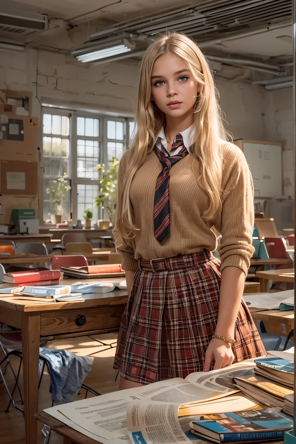 
(Sienna), Masterpiece, a ************ girl with long blonde hair, wearing a shirt without a tie and a school skirt, in a college classroom, (best quality, high quality), hyperdetailed, highres, high detail, intricate detail, HDR, 8k, sharp focus, detailed background, perfect hands, realistic eyes, detailed skin texture, (blush:0.5), (goosebumps:0.5), subsurface scattering,