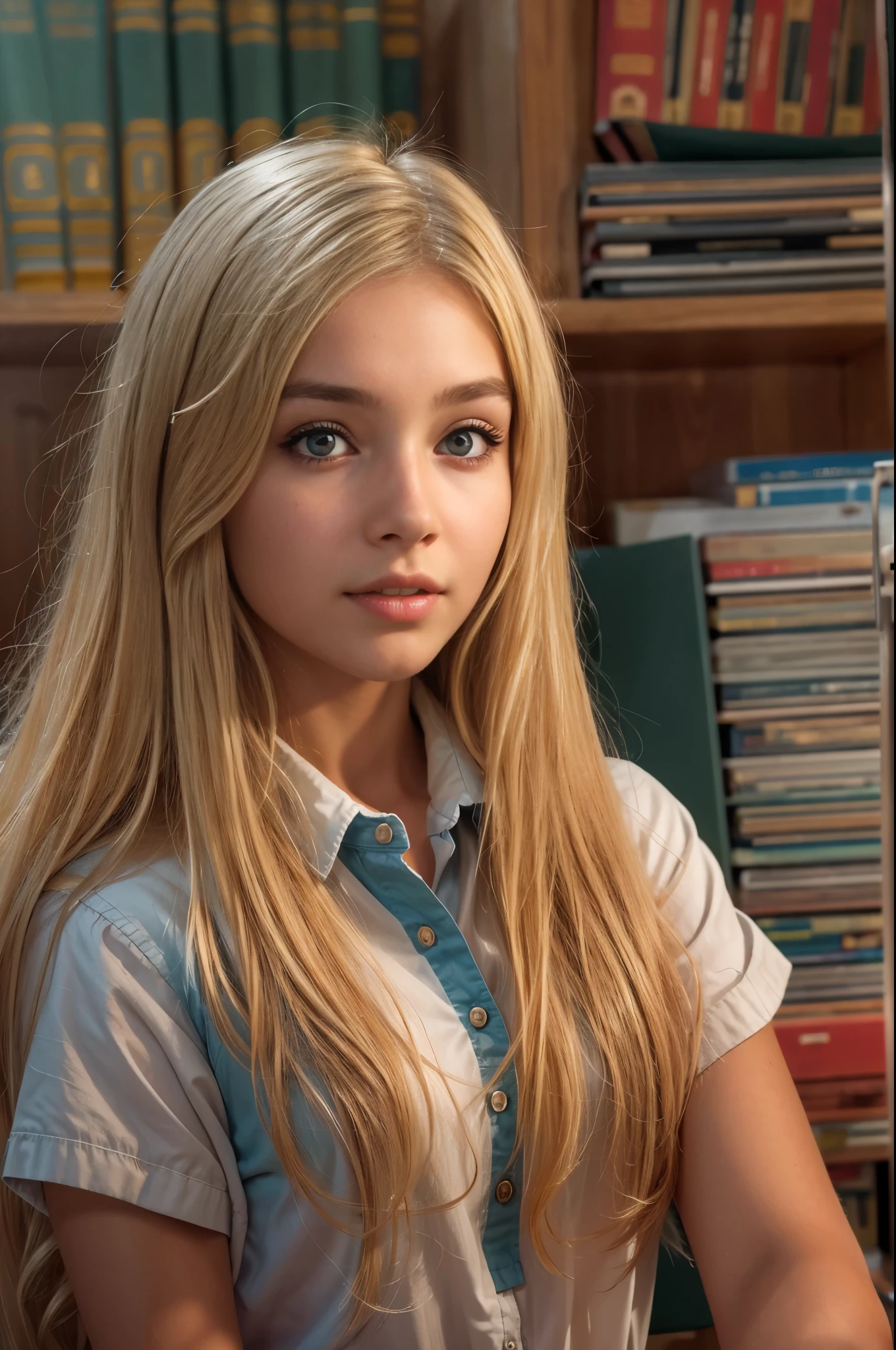 (Sienna), Masterpiece, a ************ girl with long blonde hair, wearing a shirt and a school skirt, in a college classroom, (best quality, high quality), hyperdetailed, highres, high detail, intricate detail, HDR, 8k, sharp focus, detailed background, perfect hands, realistic eyes, detailed skin texture, (blush:0.5), (goosebumps:0.5), subsurface scattering,