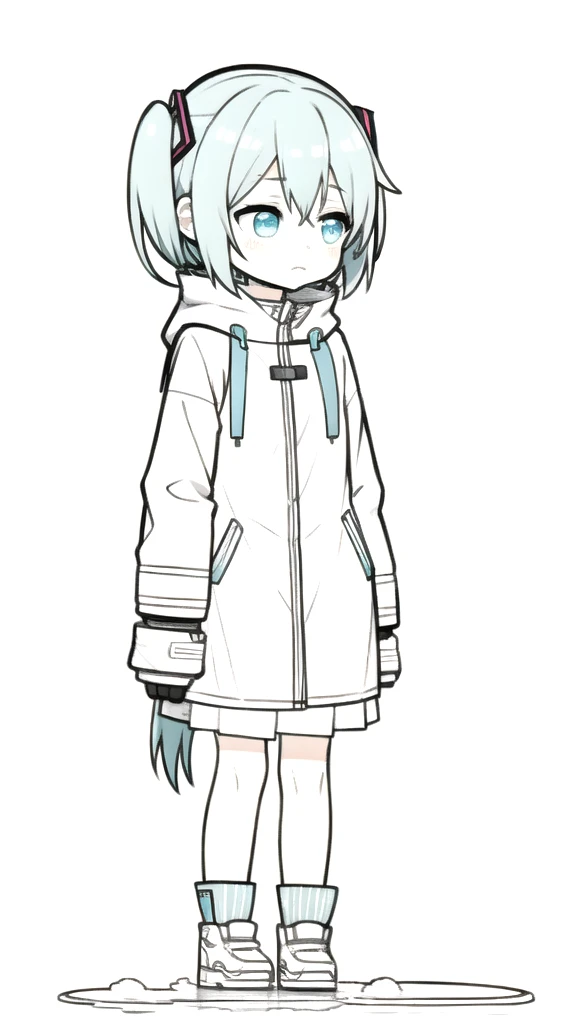 best quality, chibi, 1 girl,  miku, (full body), Pure white background,Vivid,clearly,sad face,rain,Walking,snow