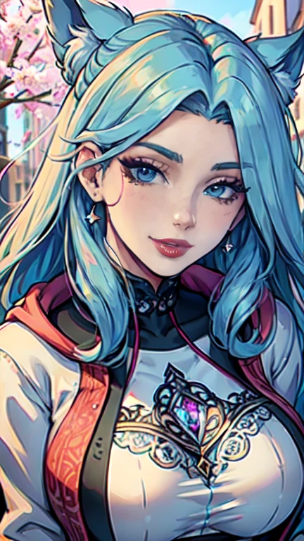 Masterpiece, raw,  beautiful art, professional artist, 8k, art style by sciamano240, very detailed face, very detailed hair, 1girl, 25 years old, perfectly drawn body, beautiful face, long hair, light blue hair , very detailed blue eyes, pouty lips , rosey cheeks, intricate details in eyes, playful smile, looking directly at viewer , in love with viewer expression, wedding ring , lipstick, spring downtown setting, very close up on face, wearing trendy spring clothes, hoodie,