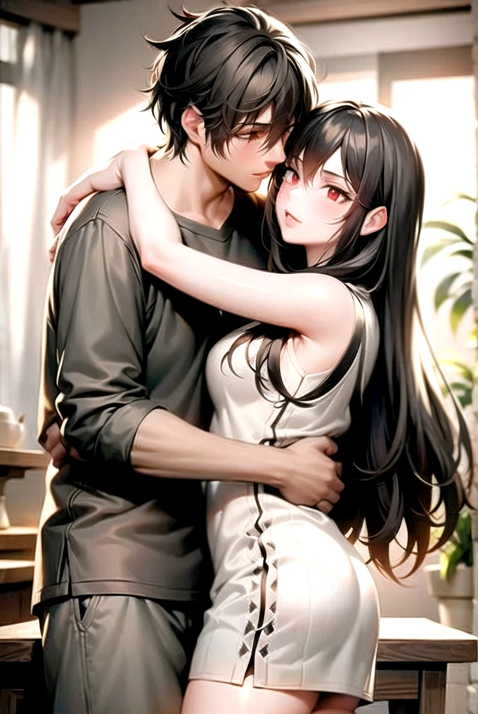 girl with long black hair,boy with short brown hair,couple kissing and hugging,sensual bodies,detailed red eyes,intimate pose,lifting skirts,romantic atmosphere,high quality,photorealistic,cinematic lighting,vivid colors,award-winning digital art