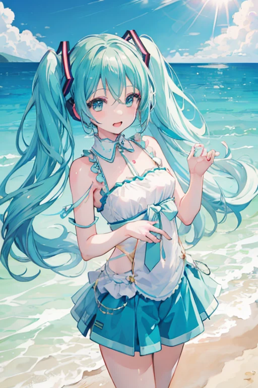 Hatsune Miku, Sleeveless outfit(Official costumes), singing, Beach, Water&#39;s Edge, Standing on the water, horizontal line,Blue sky and cumulonimbus clouds, 