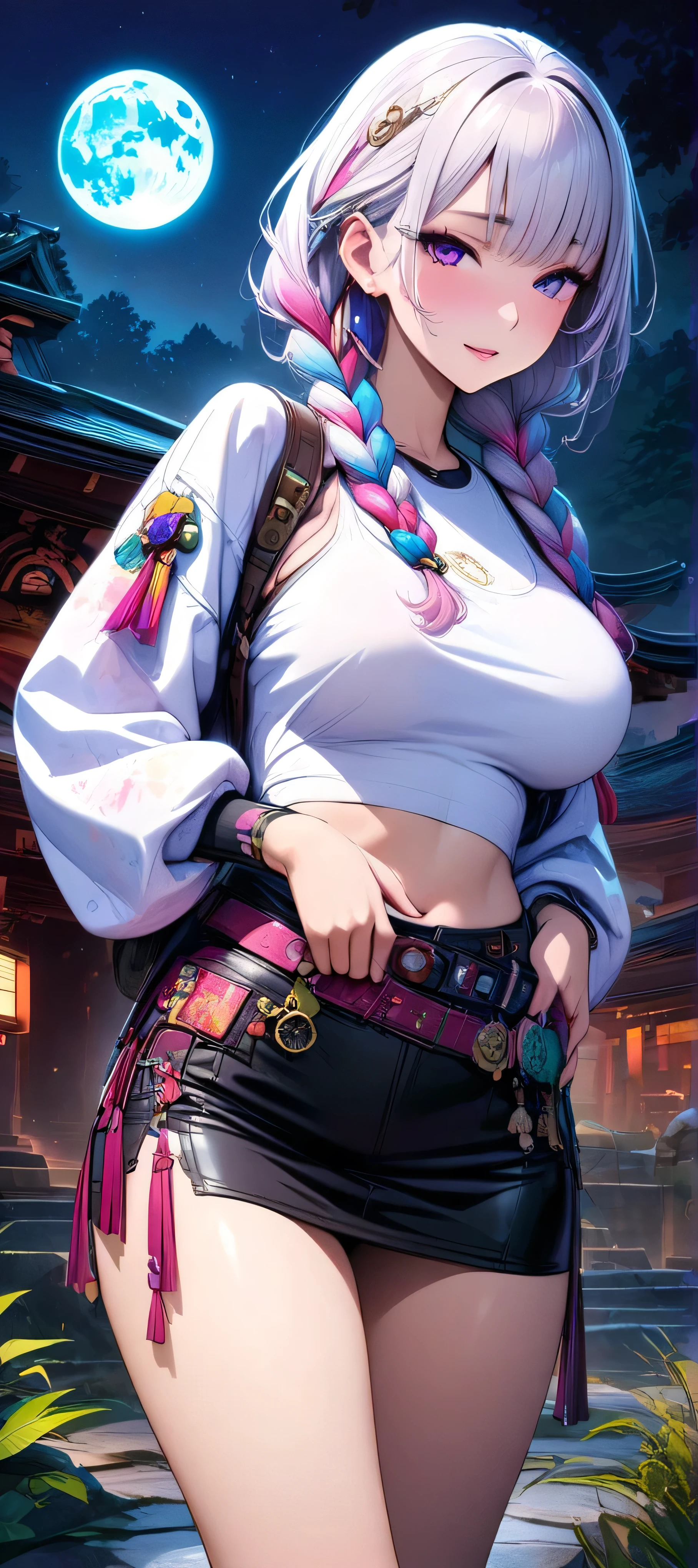 (masutepiece, of the highest quality, Best Quality, Official art, Beautiful and aesthetic:1.2), Extremely detailed,(Colorful:1.1),highest details, one arafed woman with braids white hair and pink tips and purple eyes, big breast, sfw, white crop top and leather mini skirt, night, big blue moon, japanese temple