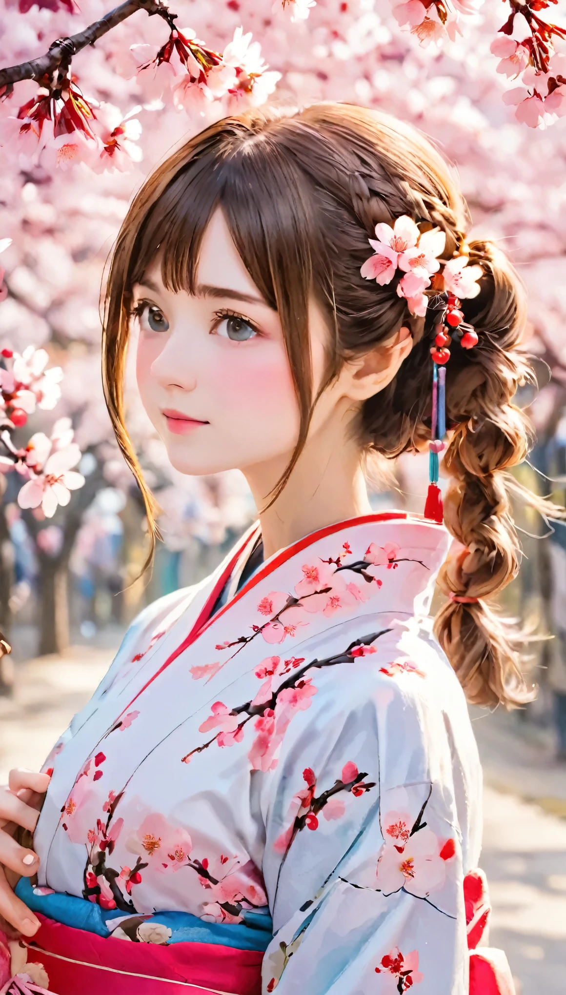 (((Bright colored watercolor background:1.3)))、One Girl、16talent、anatomy、small face、small、small鼻、Pale pink eyes、Loosely braided low ponytail、Brown Hair、small breasts、Beautiful kimono、Yamato Nadeshiko、Random Pause、Yoshino cherry tree、Beautiful cherry blossoms、highest quality、High resolution、High resolution、Cinema Lighting、Professional Photographer
