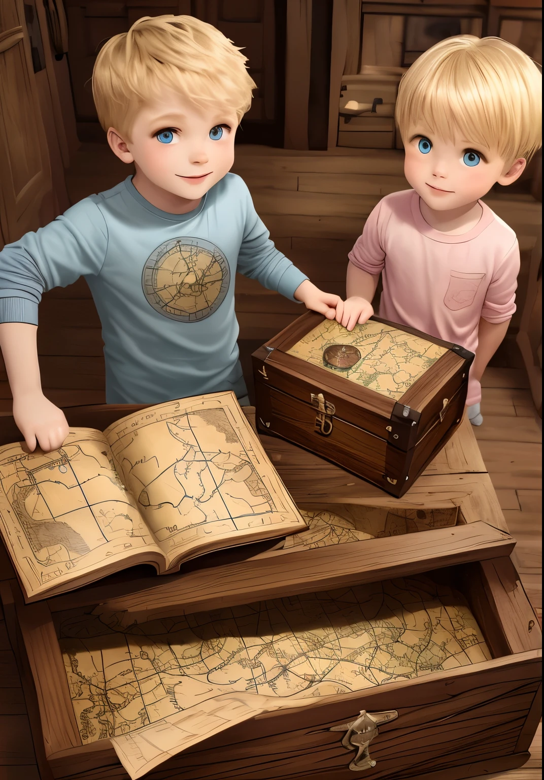 Quero dois irmaos com roupas de aventureiros,um 10a anos o outro de 6 anos , in a room finding a wooden chest and a treasure map, the older brother is blond and the smaller is brunette, tipo livro , quero lindo e fofos, high revolution, --ar 16:9,