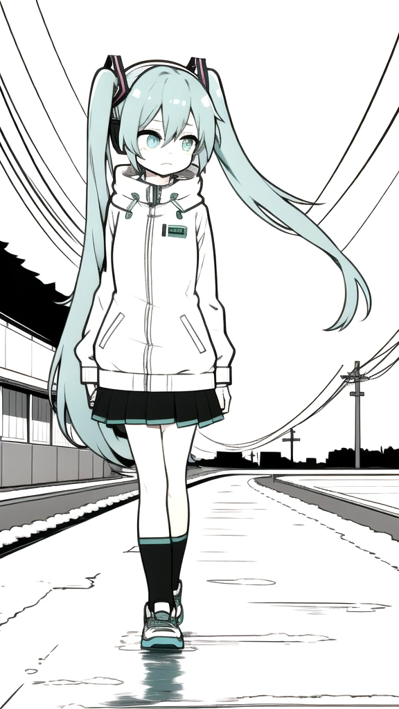 best quality, chibi, 1 girl, miku, Hatsune Miku, (full body), Pure white background,Vivid,clearly,sad face,rain,Walking,snow,Falling on the road