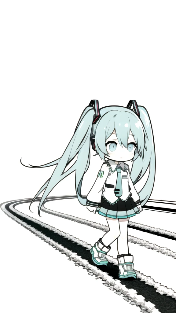 best quality, chibi, 1 girl, miku, Hatsune Miku, (full body), Pure white background,Vivid,clearly,sad face,rain,Walking,snow,Falling on the road