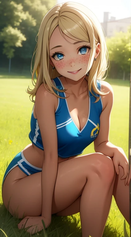masterpiece, best quality, highly detailed, ultra high res, ayase arisa, 1girl, solo, blue eyes, hair ornament, blonde hair, long hair, looking at viewer, glossy lips, light smile, cheerleader, midriff, cleavage, grass, sitting, (knees bent), nice booty, freckles, cute, popular, makup, perfect smooth tan skin, perfect loucious hair, beautiful, sexy, cute smile, seductive