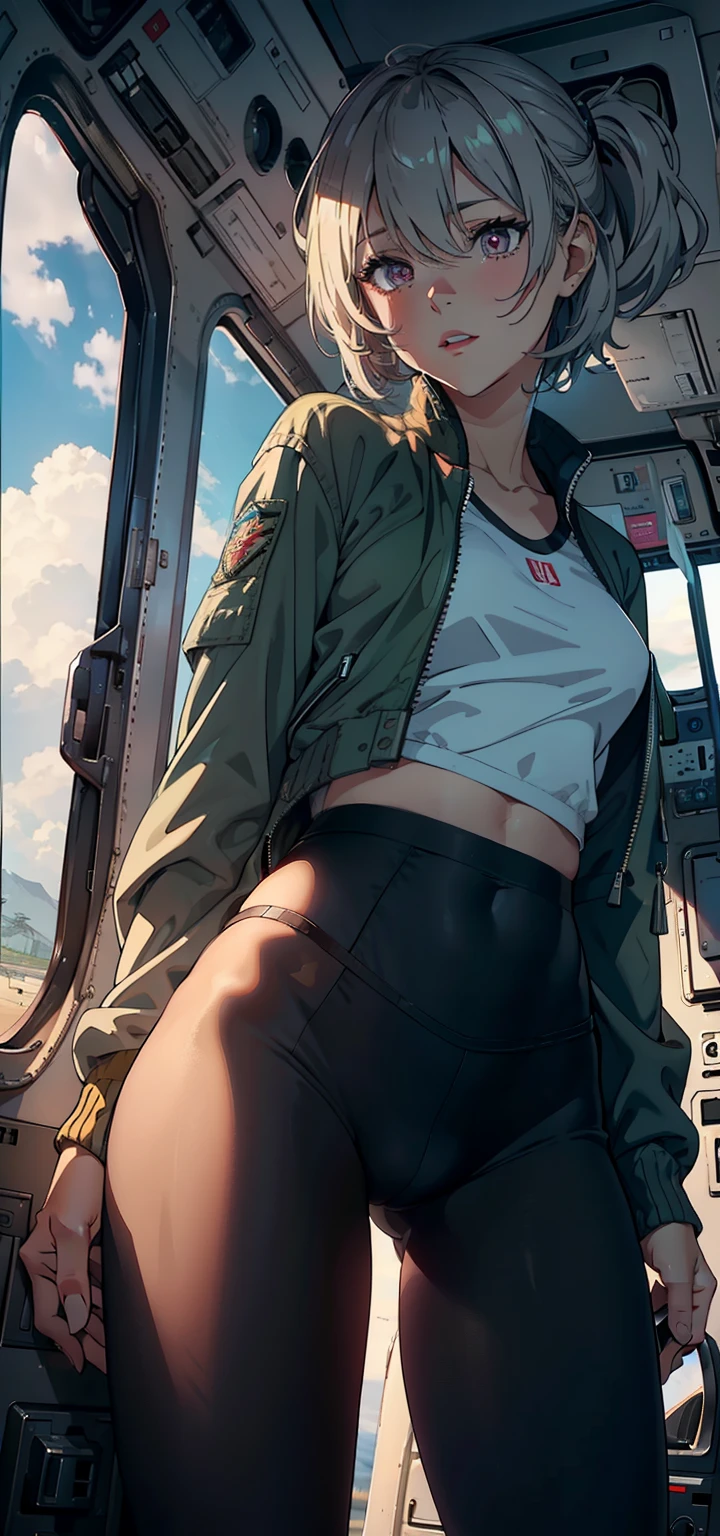 1female,SMAIL,Bigchest,Pornographic exposure, solo,(Background with:The plane is in flight,Planes,inside of a cabin,) She has short BLONDE GREY hair,bobo head,Stand in the pilot's seat of the aircraft,seen from the front, hair straight, mostly cloudy sky,(((tmasterpiece),(Very detailed CG unity 8K wallpaper),best qualtiy,cinmatic lighting,detailed back ground,beatiful DETAILED PINK eyes,Bright pupils,(Very fine and beautiful),(Beautiful and detailed eye description),ultra - detailed,tmasterpiece,)),facing at camera,A high resolution,ultra - detailed),revealing breasts,Bare genitalia, Bulge,legs are open,Raised sexy,Camel toes,Flushed complexion,Open-mouthed,frontage,us airforce,elementary student,(Wearing:Dark green baseball jacket, BLACK pantyhose)