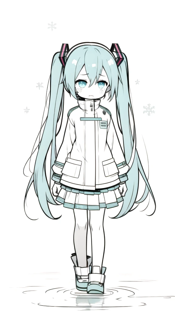 best quality, chibi, 1 girl,  miku, Hatsune Miku, (full body), Pure white background,Vivid,clearly,sad face,rain,Walking,snow,Are crying,Sit down